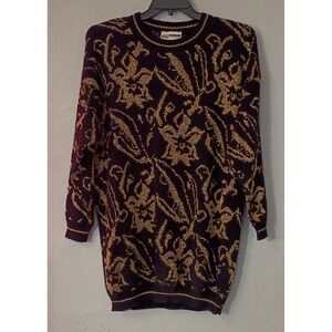 Vintage 80's Distinctly Different Black Gold Metallic Floral Acrylic Sweater 22W